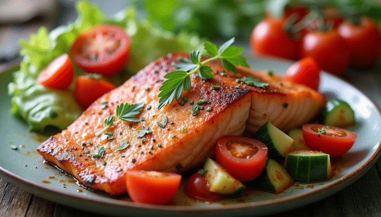 Spicy Pan-Seared Salmon with Fresh Cucumber & Tomato Salad